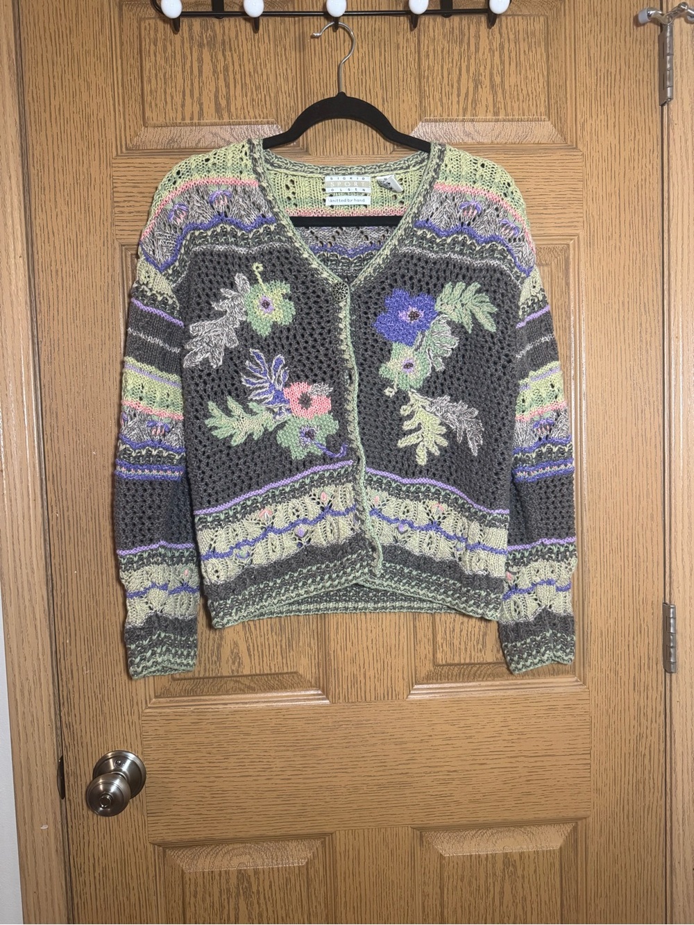 Sigrid Olsen Gray Crochet Floral Cardigan with Pastel Accents